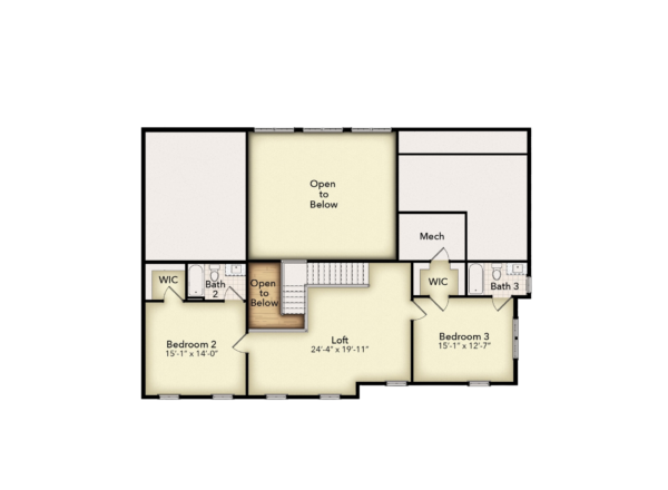 Second-floor house plan with two bedrooms, two bathrooms, two walk-in closets, a loft area, mechanical room, and open spaces overlooking the floor below. Stairs are located near the center.