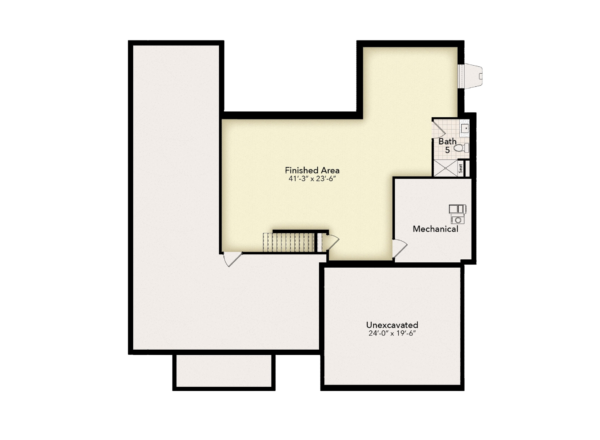Basement floor plan with a large finished area, labeled mechanical room, bathroom, unexcavated space, and a staircase leading up. The finished area is centrally located, with access to other rooms on the right side.