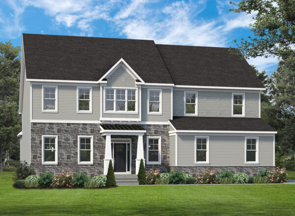 A two-story modern suburban house with gray siding, stone accents on the lower half, black roof, white trim, large windows, front shrubs, and a green lawn with trees and blue sky in the background.
