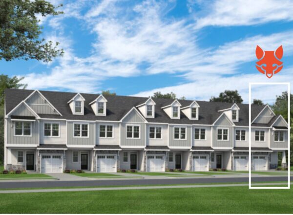 A row of modern three-story townhouses with garages and dormer windows, under a blue sky with clouds. A red fox logo is in the upper right corner, and one townhouse is outlined with a white rectangle.