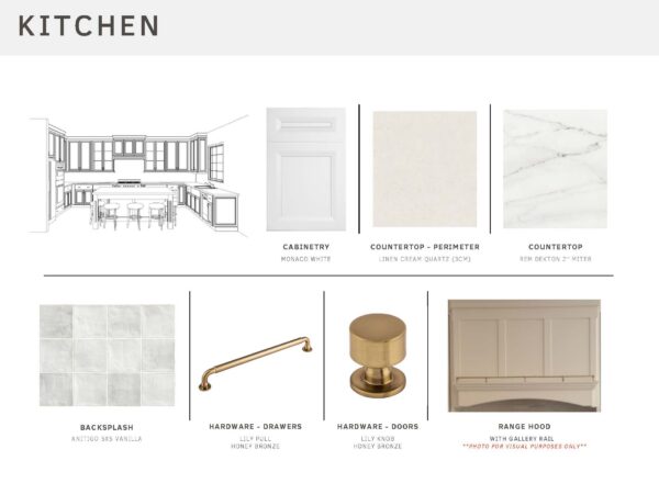 Kitchen design board showing a layout sketch, cabinet style, cream and marble-look countertops, tile backsplash, brass hardware for drawers and doors, and a beige range hood, each sample labeled for materials and finishes.