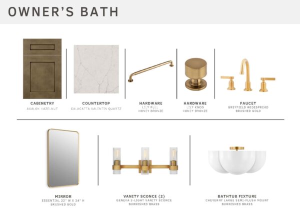 Owner’s bath design board with labeled samples: brown cabinetry, white quartz countertop, bronze cabinet pull, round knob, brushed gold faucet, wall mirror, brass vanity sconce, and a round semi-flush mount bathtub light.