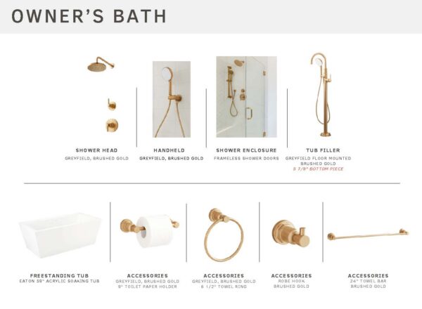 A bathroom design board displays brushed gold fixtures: shower head, handheld shower, frameless shower enclosure, tub filler, freestanding tub, toilet paper holder, towel ring, robe hook, and towel bar.