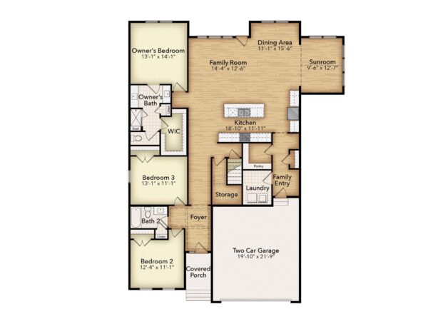 Floor plan of a single-story house showing three bedrooms, two bathrooms, kitchen with island, family room, dining area, sunroom, laundry, storage, pantry, two-car garage, foyer, and a covered porch.