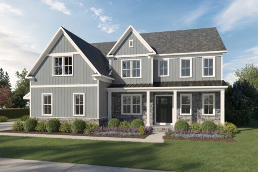 A two-story modern farmhouse with gray siding, white trim, and a dark front door, surrounded by green lawn, bushes, and flower beds, under a blue sky with scattered clouds.