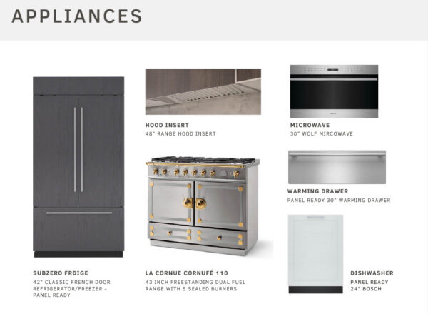 A kitchen appliances layout showing a panel-ready SubZero fridge, a La Cornue CornuFé 110 range with brass accents, a 48 range hood insert, a 30 Wolf microwave, a 30 warming drawer, and a 24 Bosch dishwasher.