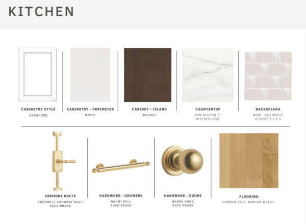 Sample board for a kitchen showing choices: white perimeter cabinets, walnut island, white marble countertop, light beige backsplash tiles, aged brass hardware, and light wood flooring.