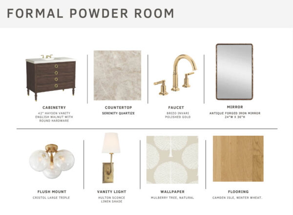 Design board for a formal powder room showing selected finishes: dark wood vanity, light quartz countertop, gold faucet, rectangular framed mirror, glass flush mount, sconce, tree-patterned wallpaper, and light wood flooring.