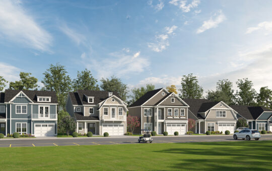 A row of modern suburban houses with garages and manicured lawns sits under a partly cloudy sky. Two cars and a golf cart are parked on the street in front. Trees and bushes line the background.