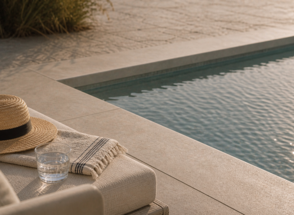 A close-up of a poolside lounge chair with a sunhat, a folded striped towel, and a glass of water on it, beside a calm, clear swimming pool on a sunny day.
