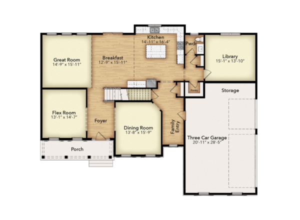 Floor plan of a house with labeled rooms: great room, flex room, foyer, porch, breakfast area, kitchen, pantry, powder room, library, dining room, storage, and a three-car garage. Rooms are arranged around a central stairway.