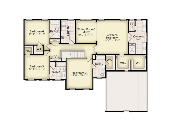 Floor plan of a house showing four bedrooms, four bathrooms, laundry, sitting room/study, owners bath, walk-in closets, and a three-car garage. Rooms are labeled with names and dimensions.