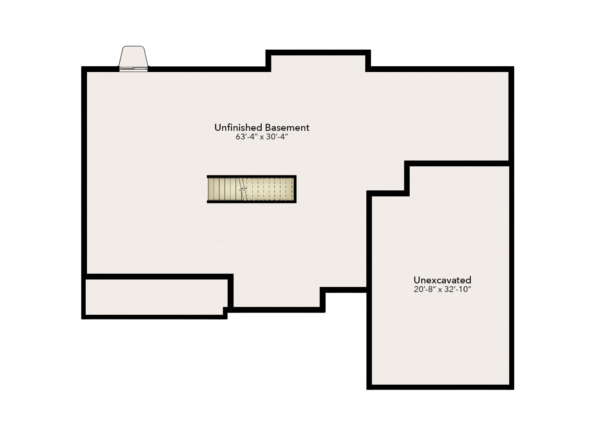 Floor plan of a basement showing a large unfinished area, a staircase near the center, and a separate unexcavated space on the right labeled 20-8 x 32-10.