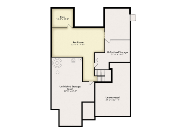 Floor plan of a basement featuring a large rec room, a flex room, two unfinished storage areas, a mechanical room, an unexcavated area, and a space with a circular shape, possibly for a hot tub or spa.