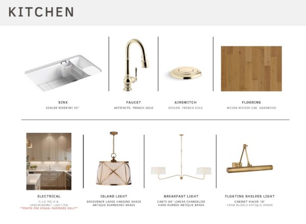 Kitchen mood board with labeled images: sink, gold faucet, brass air switch, wood flooring, electrical layout, brass island light, brass breakfast light, and brass floating shelves light.