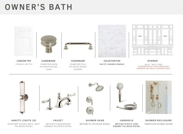 Owners bath design board showing cabinet, hardware, white marble countertop, mirror, vanity light, faucet, shower head, handheld, and frameless glass shower enclosure with labeled finishes and materials.