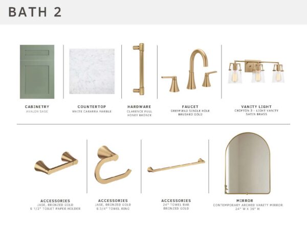 Bathroom design board showing green cabinetry, white marble countertop, gold hardware and faucet, gold light fixture, gold towel ring, gold towel bar, gold toilet paper holder, and an arched mirror.