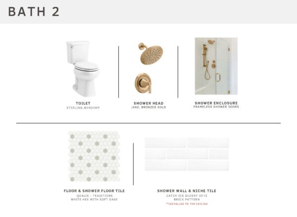 Bathroom 2 design board featuring a white toilet, brass shower head, glass shower enclosure, hexagonal floor tiles, and glossy white shower wall tiles arranged in a brick pattern.