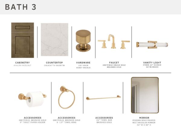 Bath 3 design board featuring brushed gold cabinetry, Calacatta Valentin countertop, gold hardware, brushed gold faucet, sconce vanity light, gold toilet paper holder, towel ring, towel bar, and a modern gold-framed mirror.