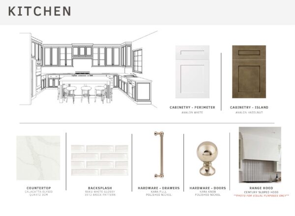 Kitchen design board featuring cabinetry in white and warm brass, white quartz countertop, glossy white brick backsplash, polished nickel hardware, and a white sloped range hood. Includes a kitchen sketch at the top.