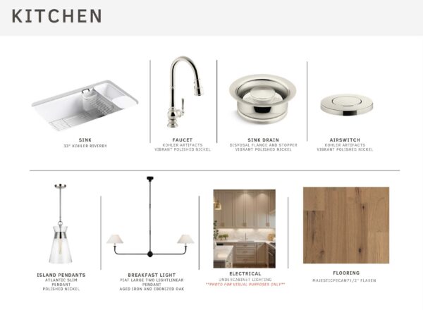 Kitchen mood board showing a sink, faucet, sink drain, airswitch, two light fixtures, an electrical outlet, cabinetry, and wood flooring samples, each labeled with materials and finishes.