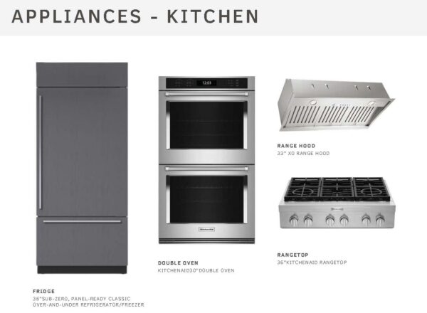 Four kitchen appliances: a tall fridge, a double oven, a rectangular range hood, and a six-burner rangetop; each has a modern, stainless-steel design, with product labels and brief descriptions beneath them.