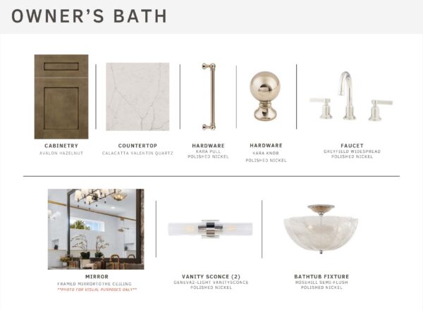 Owner’s bath design board showing cabinetry, countertop, two hardware options, faucet, mirror, vanity sconce, and bathtub fixture, each with material and finish details displayed underneath.