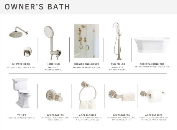 A layout of bathroom fixtures and accessories, including a shower head, handheld shower, shower enclosure, tub filler, freestanding tub, toilet, robe hooks, towel ring, towel bar, and toilet paper holder.
