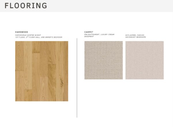 Flooring options: light brown hardwood labeled Carmelshire Winter Wheat for the first floor, second floor hall, and owners bedroom; two beige carpets labeled Blusternment, Luxury Cream for basement, and Acclaimed, Canvas for bedrooms.
