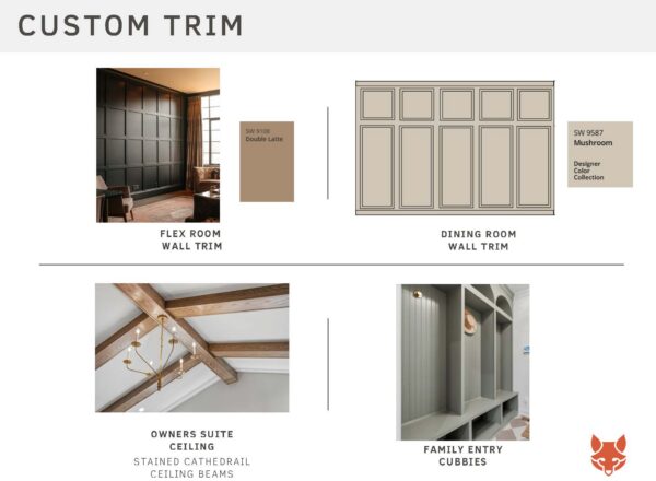 Custom trim design board showing wall trim for a flex room and dining room, a stained cathedral ceiling with beams in the owners suite, and cubbies in a family entry area. Includes paint swatches.