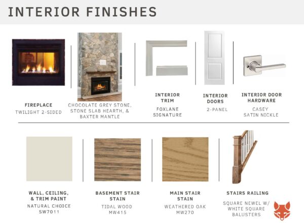 A chart displays interior finishes: fireplace, stone, trim, doors, hardware, paint, stair stains, and railings, each with a small image and their specific material or color details listed below.