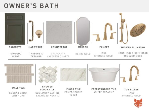 Design board for an owners bathroom, showing cabinet, hardware, countertop, mirror, faucet, shower, wall tile, shower tile, floor tile, freestanding tub, and tub filler options with names and colors.