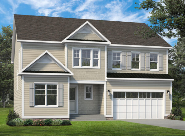 Two-story beige house with white trim, black roof, double garage, multiple windows, small porch, and green lawn. Trees and blue sky in the background.
