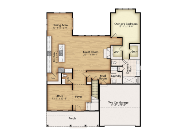 A floor plan showing a porch, foyer, office, dining area, kitchen, great room, mud room, pantry, laundry, owners bedroom with two walk-in closets, a bathroom, and a two-car garage.