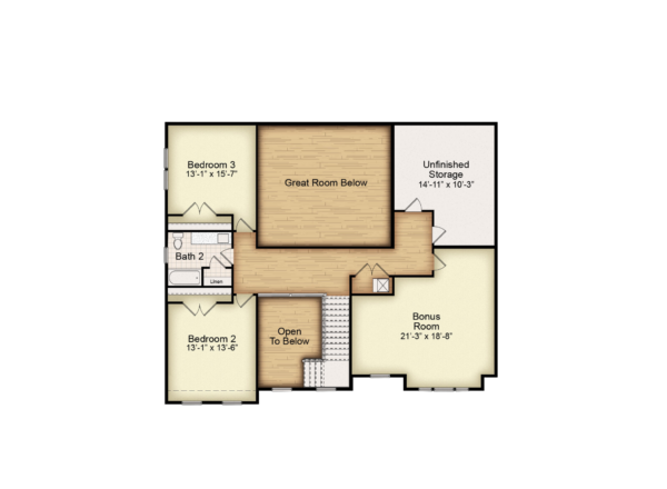 Second floor plan showing two bedrooms, a bathroom, a bonus room, unfinished storage, and a view open to the great room below. Stairs lead down, and rooms are labeled with dimensions.