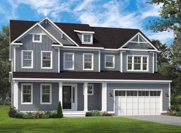 A two-story modern house with gray siding, white trim, black roof, large front porch, and attached two-car garage, set on a green lawn with trees and a blue sky in the background.