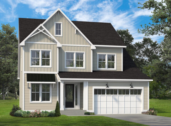 Two-story beige house with white trim, black roof, attached garage with white doors, front porch, green lawn, small garden, and trees in the background under a blue sky with clouds.
