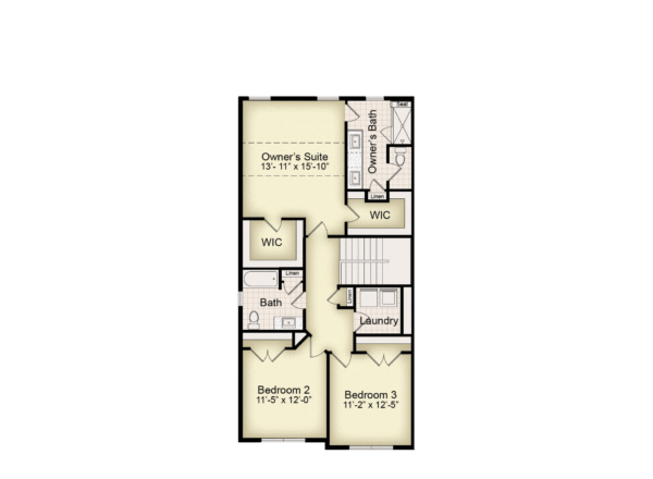 Floor plan with three bedrooms, two bathrooms, two walk-in closets, a laundry room, and a linen closet. The owners suite has a private bath and walk-in closet. Bedrooms 2 and 3 share a bathroom.